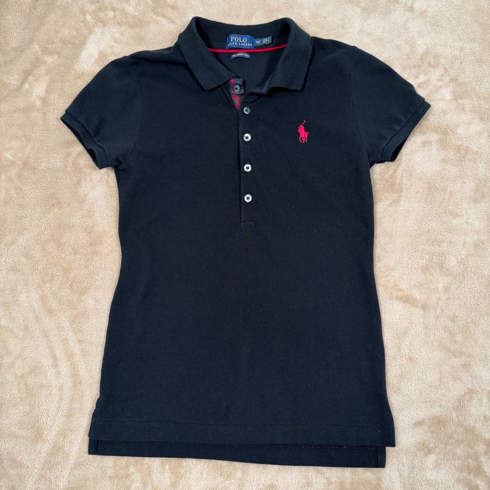 Polo Ralph Lauren Skinny Polo Shirt Black Red Pony Plaid Trim XS